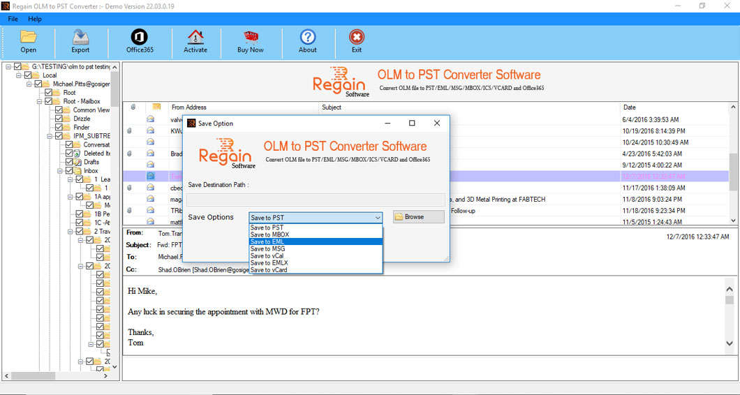 Sélectionnez le format de fichier pour convertir le fichier OLM